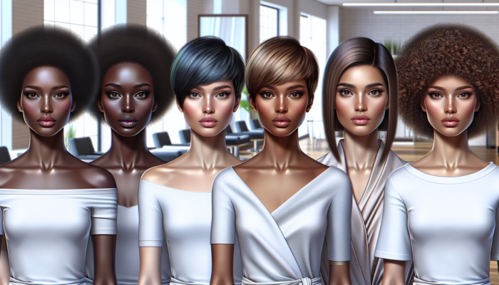 Women with short hairstyles customised to their face shapes in a contemporary salon.