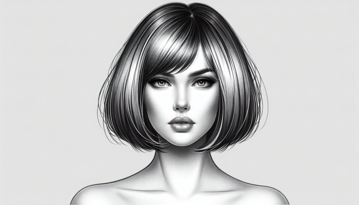 Woman with oval face, sporting a blunt bob with sharp lines and chic modern vibe, enhanced with subtle layers and side-swept bangs.