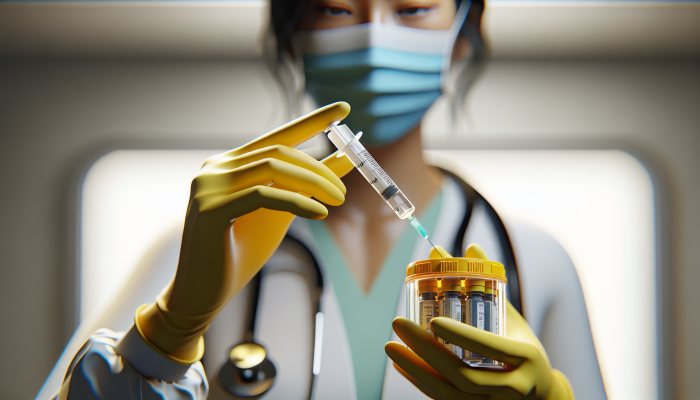 A healthcare worker disposing of a used needle into a yellow sharps container in a clinical setting.