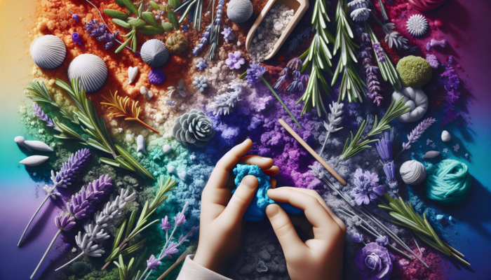 A child's hands choosing lavender and rosemary from a sensory garden for playdough, connecting with nature.