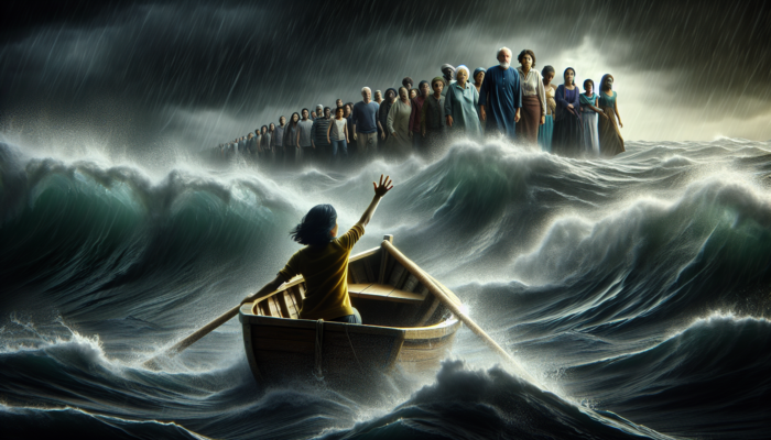 A person in a small boat reaching out to others on a distant shore, symbolizing overcoming isolation through connection.
