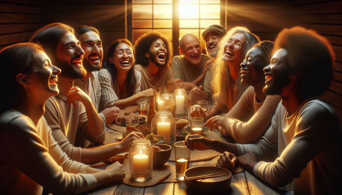 A diverse group of friends laughing and sharing stories around a warmly lit dining table, symbolizing the strength and joy of social bonds.