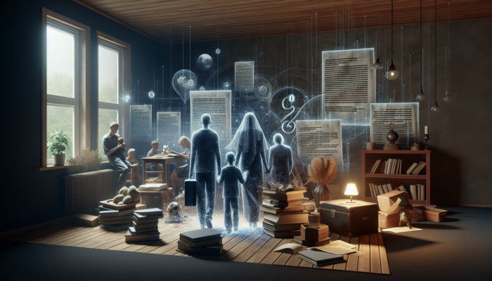 Family surrounded by legal documents and personal effects, managing the complexities of probate and estate clearance.