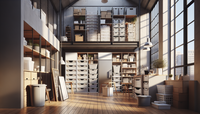 UK loft organised with stackable bins and shelving from IKEA and Argos, effectively maximising vertical space.