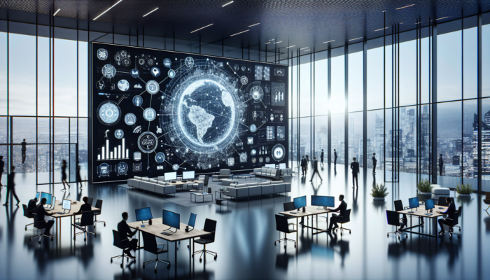 A modern office with Google Voice interface on screen, showing call forwarding to devices, remote team collaboration.