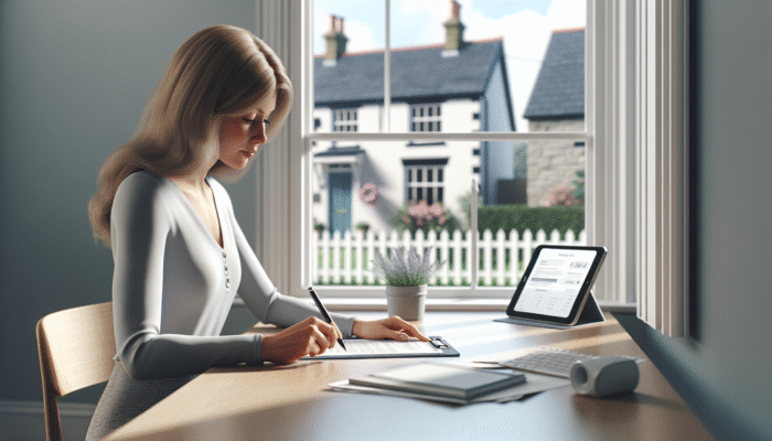 Person signing Lasting Power of Attorney at desk, UK home visible through window, symbolising remote management.