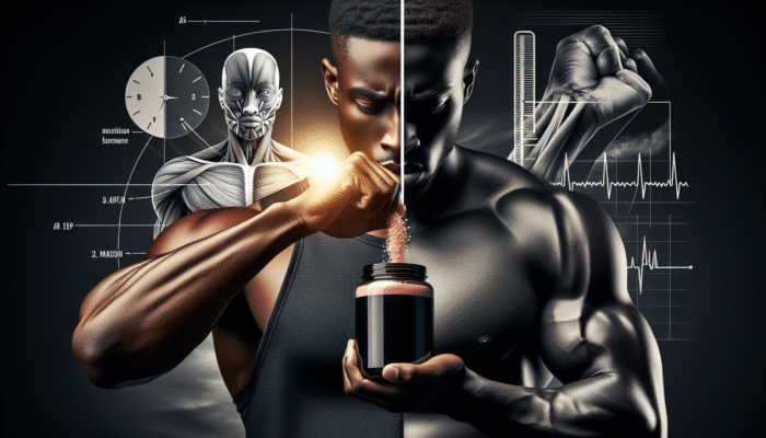 Athlete using HMB supplements before and after workout, with muscle fibres and scientific graphs on dosage and timing.