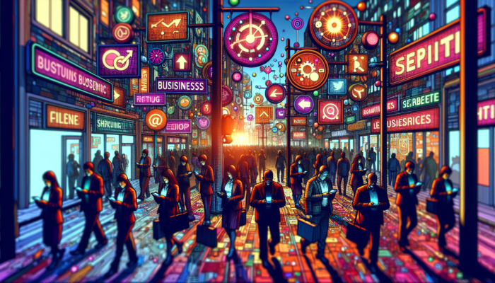 A busy street showcasing various business signs that attract the attention of smartphone-using customers via Google Business Categories.
