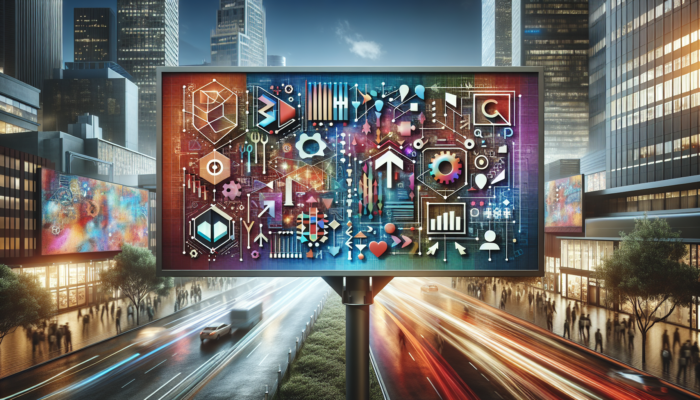 A digital billboard showcasing Google Business Categories, featuring strategic selection and audience targeting analytics in an urban setting.
