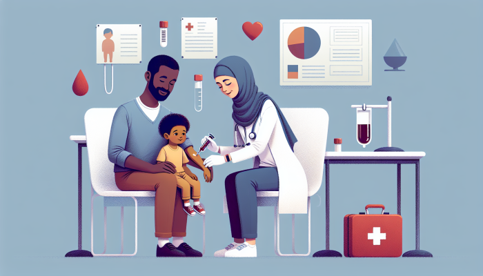 Child Blood Test Prep: A young child getting a blood test in a paediatric clinic, comforted by a parent and assisted by a smiling nurse.