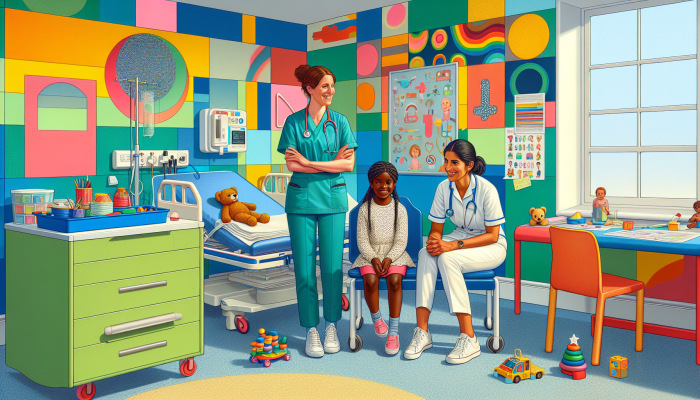 A child-friendly NHS blood testing room with colourful decor, toys, and supportive staff.