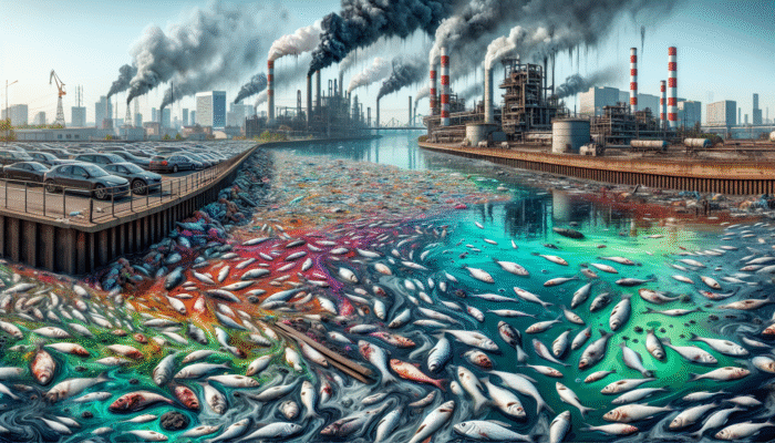 A polluted urban river with toxic colours, dead fish, factories, and city skyline, demonstrating the effects of industrial pollution.