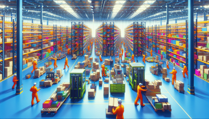 Workers in vibrant uniforms sorting and disposing of colourful clearance items in a modern warehouse using eco-friendly technology.
