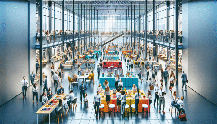 A lively employee sale event in a modern office, with staff browsing discounted high-quality items, boosting morale.
