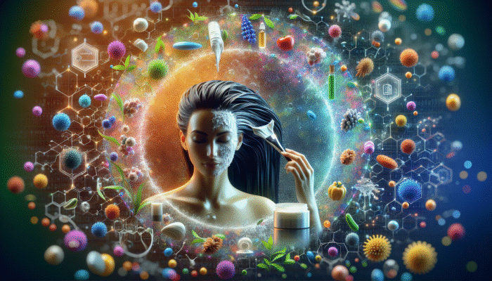 Woman applying hair mask in a spa-like bathroom, surrounded by vibrant nutrients and moisture.