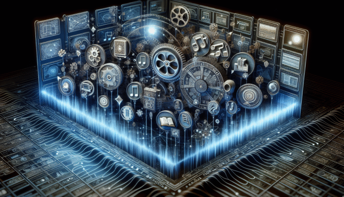 A digital interface showing personalised recommendations for movies, books, and music, with data streams and analytics in the background.