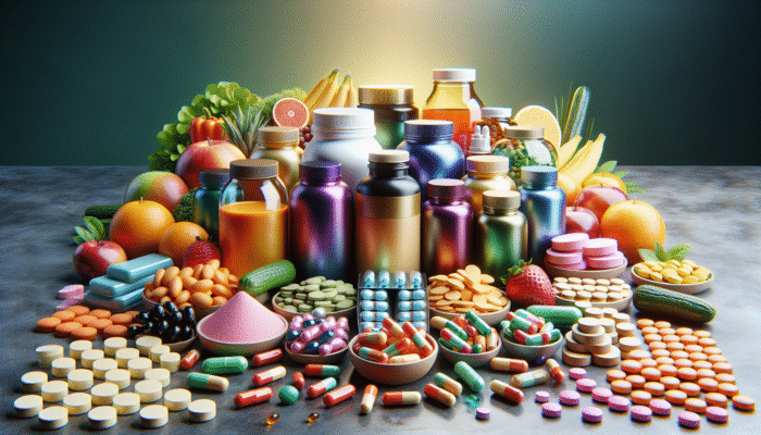 A vibrant selection of dietary supplements displayed on a table, accompanied by fresh fruits and vegetables.