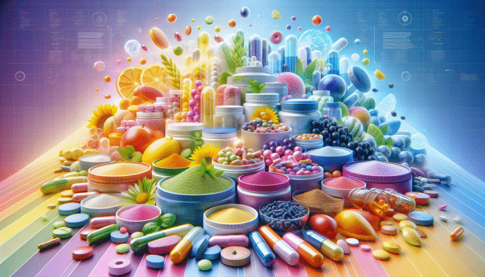 A vibrant selection of dietary supplements in capsules, tablets, and powders displayed against a lively backdrop.