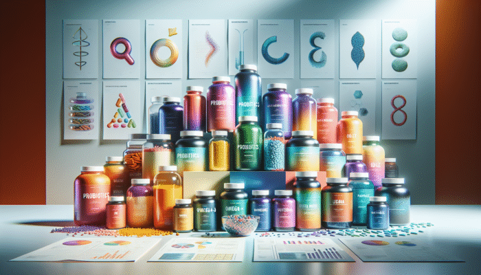An assortment of specialty supplement bottles featuring probiotics, omega-3, and protein powders set against a health-conscious backdrop.