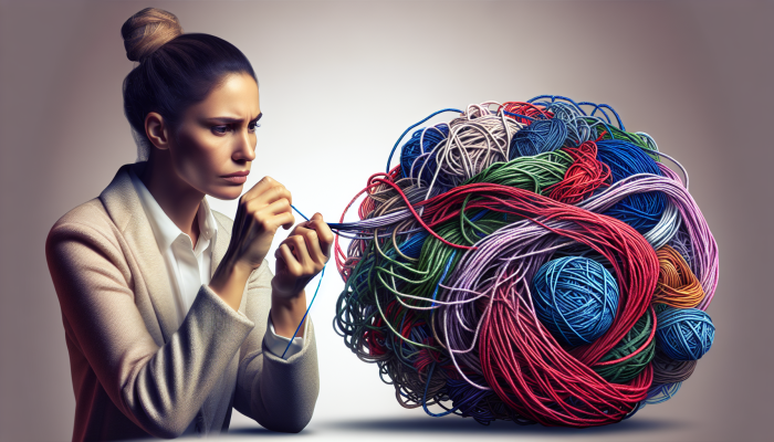 How Debt Consolidation Changes Spending Habits: | DCL A person untangling a complex knot of colorful threads, symbolising debt consolidation, with a clear, single thread emerging.