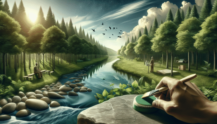 A serene river beside a lush forest, eco-friendly polishing on stones, promoting biodiversity.
