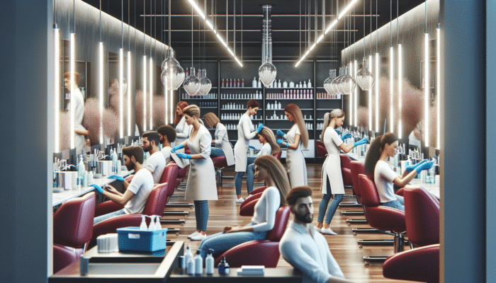 A modern salon with staff cleaning surfaces and sanitizing tools, ensuring a safe, hygienic environment for relaxed clients.