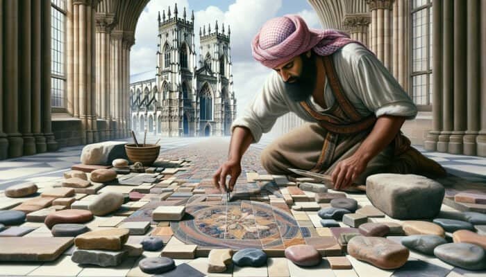 A skilled UK stonemason intricately crafting stone tiles from local Scottish Borders stones, showcasing a variety of colours and textures against the historic backdrop of York Minster, merging tradition with contemporary curved tiling techniques.