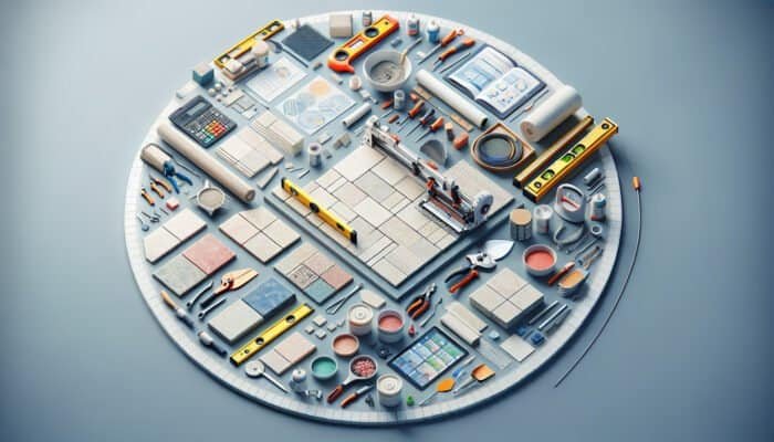 A neatly arranged workspace showcasing ceramic tiles, tile cutter, grout, trowel, and level, essential for stone tiling projects.