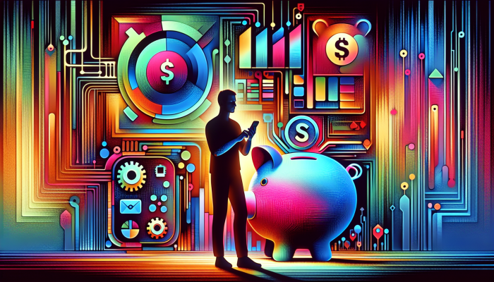 Person using smartphone with budgeting app showing charts and graphs, surrounded by digital technology symbols and piggy bank.