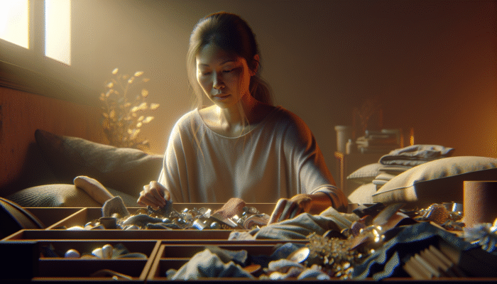 An individual sorting sentimental items with a peaceful expression, surrounded by warm lighting, symbolising compassionate decluttering.