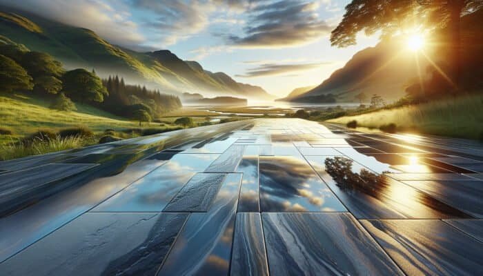 A scenic Inverclyde landscape featuring a luxurious, waterproofed stone floor reflecting vibrant surroundings, showcasing durability and protection.