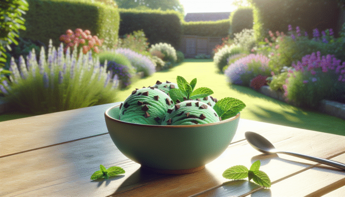 A bowl of vibrant green mint chocolate chip ice cream with fresh mint leaves and dark chocolate chips, enjoyed on a sunny UK summer day.