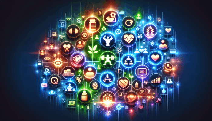 A vibrant collage of subreddit icons linked to bodybuilding, wellness, and supplements, interconnected with glowing lines.