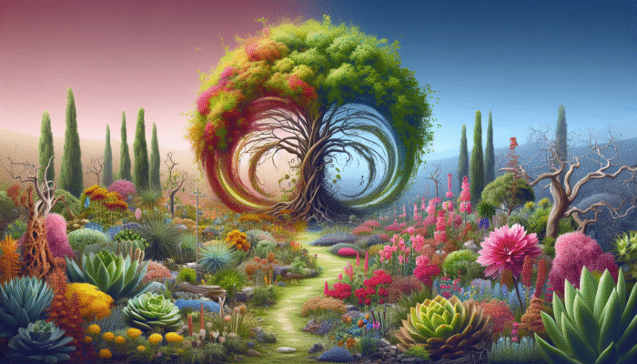 A vibrant garden showcasing resilient plants like succulents and perennials thriving post-disaster.