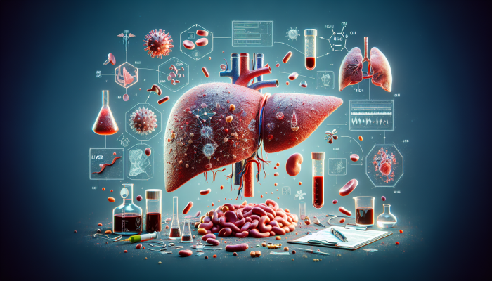 Illustration depicting liver function tests measuring proteins, enzymes, and bilirubin against a healthy liver background.