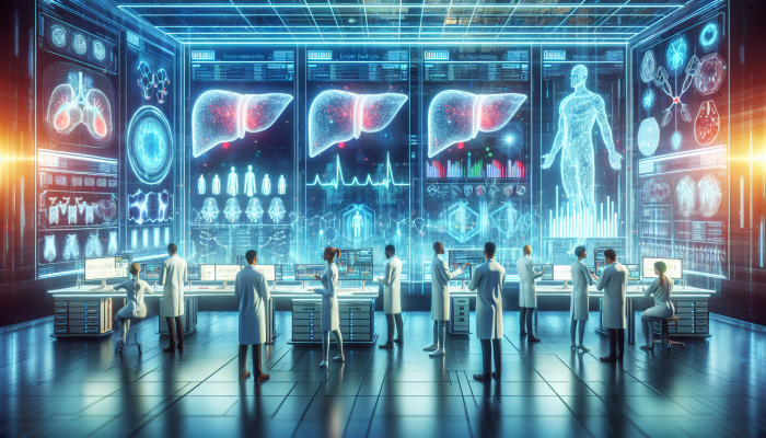 Futuristic lab with holographic displays of liver blood test results, scientists analysing data, advanced medical equipment.