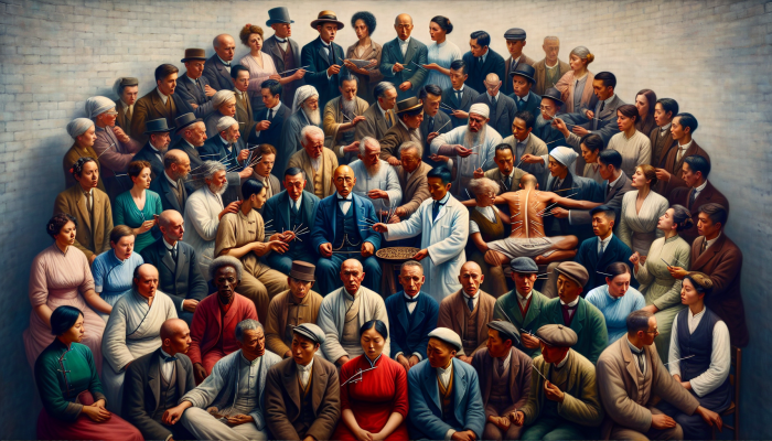 Early 20th-century British individuals engaging with an acupuncturist, illustrating a blend of intrigue and scepticism towards the ancient Chinese practice.