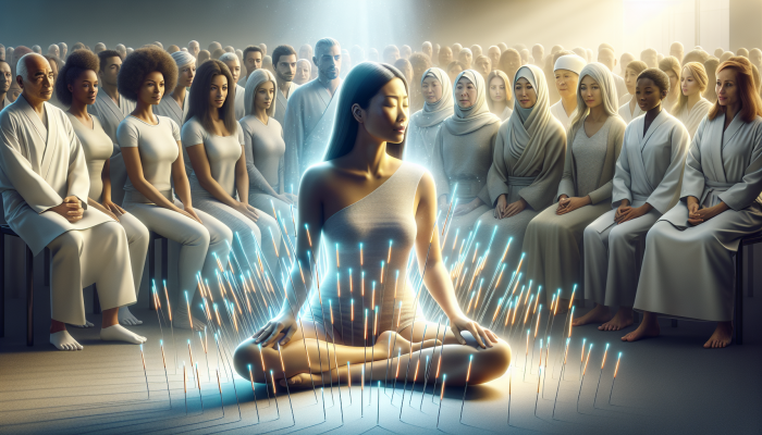 Calm Asian woman undergoing acupuncture treatment, surrounded by glowing needles, observed by a diverse audience.