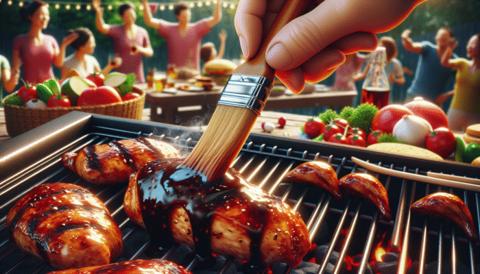 Best Soy Sauces for BBQ Marinades: Grilled chicken brushed with glossy Kikkoman soy sauce marinade on a BBQ, steam rising.