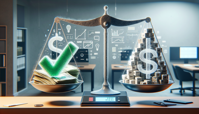 Understanding Debt Consolidation Loan Income Requirements: A Comprehensive Guide | DCL A balance scale comparing bills and a paycheck, with an affirmative checkmark over the lower debt side, in a financial setting.