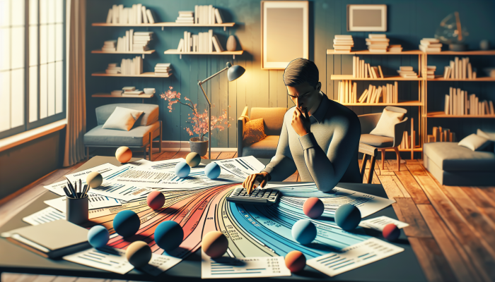 Understanding Debt Consolidation Loan Income Requirements: A Comprehensive Guide | DCL Individual calculating debt-to-income ratio in a comfortable home office, surrounded by financial documents and graphs.