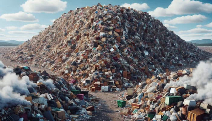 Millions of discarded furniture pieces in a UK landfill, highlighting the environmental crisis and need for sustainable disposal.