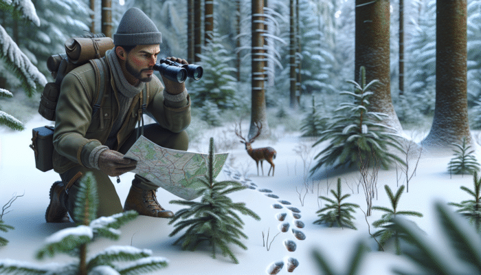 Tracking for Survival: A wildlife tracker examining deer tracks in a snowy forest, using map and binoculars.