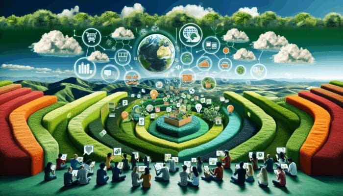 Infographic illustrating sustainable living trends, zero-waste tips, and eco-friendly product reviews, featuring a diverse group of consumers using digital devices.