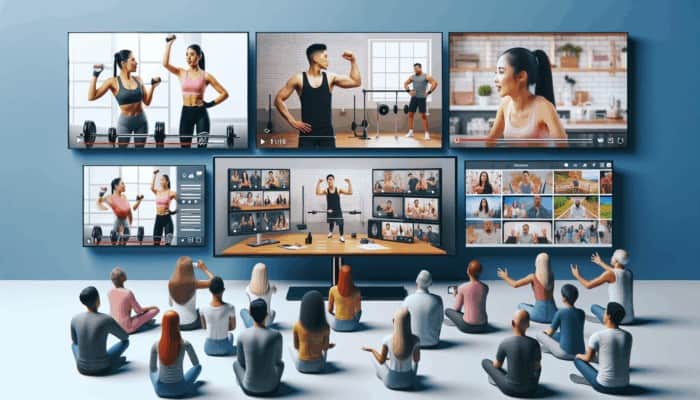 Screens displaying fitness tutorials, expert interviews, and behind-the-scenes vlogs, engaging a diverse audience.