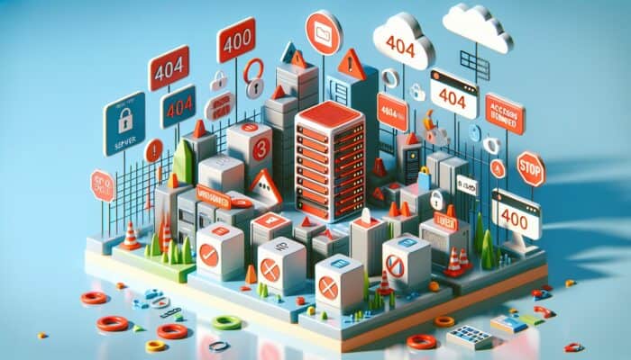 Icons representing a red server, broken 404 URL, unresolved DNS, and locked access-denied that reduce website visibility in search results.
