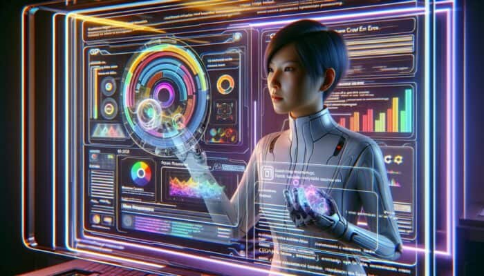 A webmaster monitors Google Search Console data on a holographic display in a futuristic, tech-focused environment.