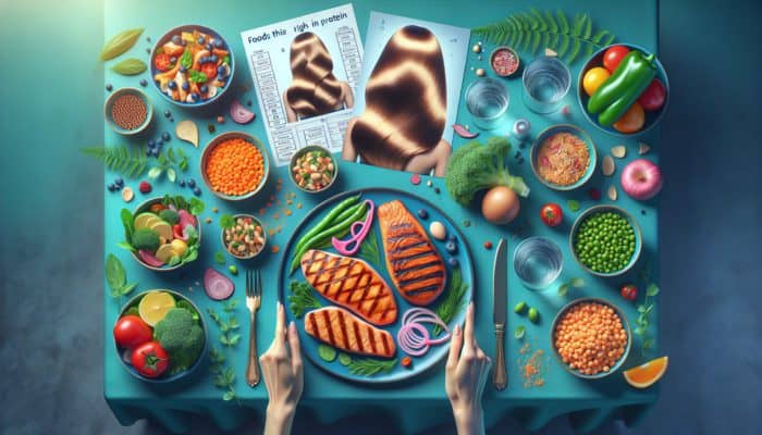 A table laden with grilled chicken, salmon, lentils, and chickpeas, representing protein-rich foods beneficial for hair health.