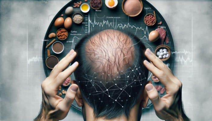 Scalp showing thinning, brittle hair and loss patches next to protein-rich foods such as eggs, meat, and legumes.
