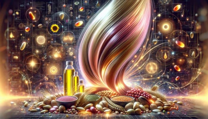Shiny hair strands enriched with omega-6 fatty acids, surrounded by nuts, seeds, and bottles of oil.